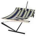 SUNCREAT Hammocks Double Outdoor Hammock with Stand, Cotton Rope Two Person Hammock with Polyester Pad & Large Pillow, Blue& Gray