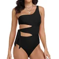 Hilor Women's One Shoulder Swimsuit Sexy Cutout Swimwear Cute Tie Side One Piece Bathing Suits, Black, 10