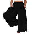 OPOIPIN Women's Smocked High Waisted Lounge Trousers Wide Leg Long Pants with Pockets, Black, X-Large