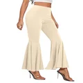 LYANER Women's Casual High Waist Ruffle Flare Pants Wide Leg Solid Stretchy Bell Bottom, Beige, Medium