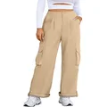 BMJL Women's High Waisted Cargo Pants Casual Wide Leg Pants Pockets Combat Military Snap Button Trousers, Khaki01, Large