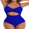 Eomenie Women's One Piece Swimsuit Wrap Cutout Tummy Control High Waisted Back Tie Knot Bathing Suit, Royal Blue, Small