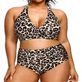 Yonique Womens Two Piece Plus Size Halter Bikini Swimsuits Tummy Control Bathing Suits High Waisted Swimwear, Leopard 02, 16 Plus