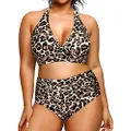 Yonique Womens Two Piece Plus Size Halter Bikini Swimsuits Tummy Control Bathing Suits High Waisted Swimwear, Leopard 02, 16 Plus