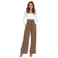 ABAFIP Women's High Waist Wide Leg Pants Business Work Office Casual Flared Palazzo Long Pants Belted Trousers, Khaki, X-Large