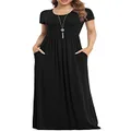 VIISHOW Women's Short Sleeve Loose Plain Maxi Dresses Casual Long Dresses with Pockets(Black, S)