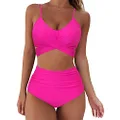 SUUKSESS Women Wrap Bikini Set Push Up High Waisted 2 Piece Swimsuits (M, Hot Pink)