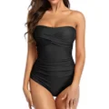 Smismivo Tummy Control Swimwear Black Strapless One Piece Swimsuit Ruched Padded Bathing Suits Women Slimming Bandeau Bikini (Black, XX-Large)