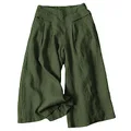 Hooever Women's Cotton Linen Culottes Pants Elastic Waist Wide Leg Palazzo Trousers Capri Pant, Armygreen, Small