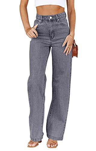 PLNOTME Women's High Waisted Jeans Boyfriend Baggy Straight Leg Casual Denim Pants, Grey, 14