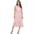 DKNY Women's Ruffle Hem Self Tie Belt V Neck Dress, Cream/Pink, 14