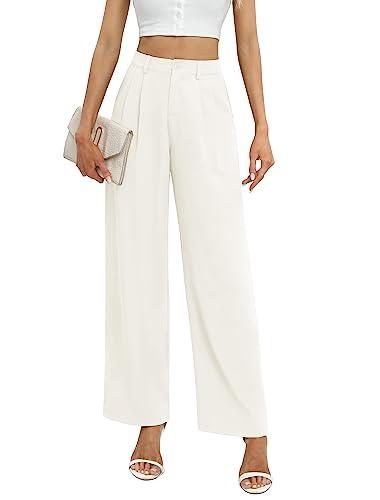 Feiersi Women's Business Work Trousers High Waisted Wide Leg Pants Long Straight Suit Pants with Pocket, 13white, Medium