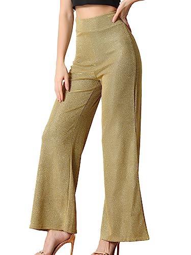 Allegra K Women's Metallic Sparkly Wide Leg Pants High Waist Trousers Clubwear, Gold, X-Small