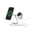 Belkin 3-in-1 Wireless Charging Stand with Magnetic MagSafe Compatible Qi2 15W, Fast Charging iPhone Charger for iPhone 15, 14, and 13 Series, AirPods, Apple Watch, & More (PSU Included) - White