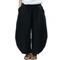 IXIMO Women's Cotton Linen Pants Patchwork Wide Leg Relax Fit Trousers Bloomers Sytle2 Black L