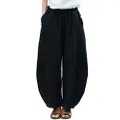 IXIMO Women's Cotton Linen Pants Patchwork Wide Leg Relax Fit Trousers Bloomers Sytle2 Black L