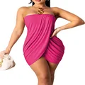 Umenlele Women's Sexy Tube Strapless Backless Ruched Wrap Stretchy Bodycon Short Mini Dress, Rose Red, Large