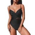 Hilor Women's Wrap One Piece Swimsuit V Neck Swimwear Surplice Mesh Tummy Control Bathing Suit, Black, 8