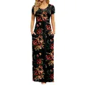 DB MOON Women's 2022 Casual Summer Maxi Dresses Short Sleeve Empire Waist Long Dress with Pockets, Brown Floral Black, 3X-Large