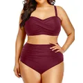 Yonique Women Plus Size Two Piece Swimsuits High Waisted Bathing Suits Bandeau Bikini Tummy Control Swimwear, Purple Red, 18 Plus