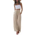 Faleave Women's Cotton Linen Summer Palazzo Pants Flowy Wide Leg Beach Trousers with Pockets, Khaki, Medium