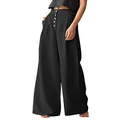 Les umes Women's Cotton Linen Casual High Wasit Wide Leg Long Pants Loose Solid Color Button Up Trousers with Pocket, Black, Medium