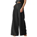 Les umes Women's Cotton Linen Casual High Wasit Wide Leg Long Pants Loose Solid Color Button Up Trousers with Pocket, Black, Medium
