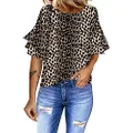 luvamia Women's Casual 3/4 Tiered Bell Sleeve Crewneck Loose Tops Blouses Shirt C Leopard Printed Size XL