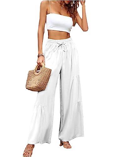 Ynhonra Women's High Waisted Wide Leg Palazzo Pants Flowy Cotton Linen Pleated Tiered Summer Beach Trousers, White, X-Large