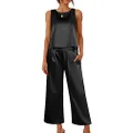 Ekoauer Women's Silk Satin Pajama 2 Piece Outfits Sleeveless Tank Crop Top and Wide Leg Pants Set with Pockets, Black, Small