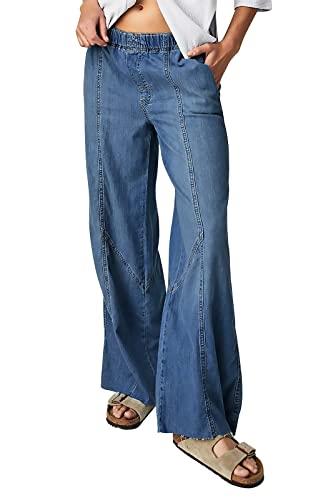 Mafulus Women's Wide Leg Jeans Elastic High Waisted Baggy Jeans Loose Fit Seemed Front Denim Pants, Navy, 12
