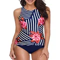 Holipick Women Two Piece Swimsuit High Neck Halter Floral Printed Tankini Sets (L(US 12-14), Multicolor)