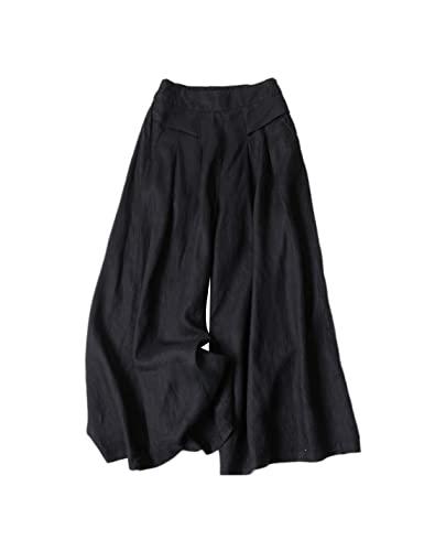 Bianstore Women's Culottes Linen Cropped Wide Leg Pants Elastic Waist Casual Palazzo Trousers with Pockets, Black, Medium