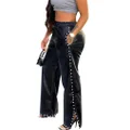 Women's Wide Leg Faux Leather Pants Rivets Pearls Elastic Waist Beggy Trousers with Pockets, Black, X-Large