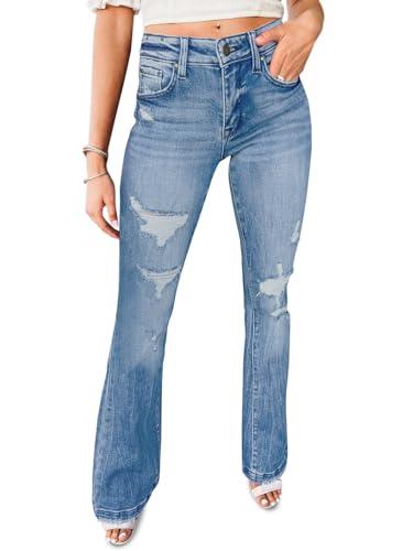 Cicy Bell Women's Flare Bell Bottom Jeans High Waisted Distressed Ripped Stretchy Wide Leg Denim Pants, Light Blue, 4