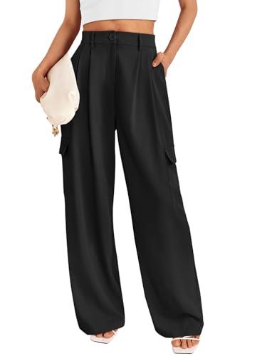 LILLUSORY Wide Leg Cargo Dress Pants Women's Casual Work Pants with 4 Pockets, Black, Medium