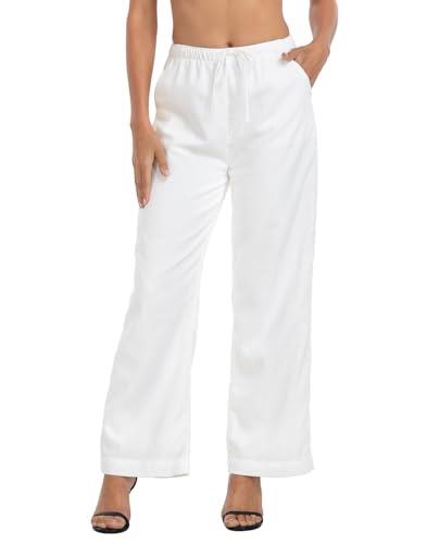 HDE Women's Linen Drawstring Pants Wide Leg Casual Palazzo Trouser with Pockets, White, Medium Short