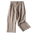 Aeneontrue Women's 100% Linen Wide Leg Pants Capri Trousers Back with Elastic Waist (Style1_Dark Khaki, Small)