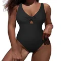 Hilor Women's V Neck One Piece Swimsuit Front Twist Low Back Slimming Bathing Suit Cutout Monokini Swimwear, Black, 10