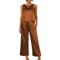 Ekoauer Women's Silk Satin Pajama 2 Piece Outfits Sleeveless Tank Crop Top and Wide Leg Pants Set with Pockets, Brown, Small