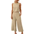 ATHMILE Women's Summer 2 Piece Outfits Sleeveless Tank Crop Button Back Top Cropped Wide Leg Pants Set Pockets, Khaki, Large
