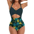 Eomenie Women's One Piece Swimsuits Tummy Control Cutout High Waisted Bathing Suit Wrap Tie Back 1 Piece Swimsuit, Navy Blue Print 2, Small