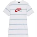 Nike Women's Essentials White/Aqua Tie-Dye Striped Logo T-Shirt Dress, Red Logo/Swoosh Silver Metallic Outline, Celebrating Icon Debut in 1972, 100% Organic Cotton, Loose Fit, Size Small