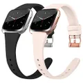Tobfit Silicone Slim Bands Compatible for Fitbit Versa/Lite/SE, Narrow & Thin Sport Wristbands with Metal Buckle for Women/Men, Black/Sand Pink, Small