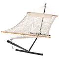 SUNCREAT Double Outdoor Hammock with Stand Included, Portable Cotton Rope 2 Person Hammock for Outdoor, Patio, Garden, Backyard, Beige
