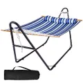 SUNCREAT Double Hammock with Stand Included, Two Person Freestanding Hammock for Outside, Blue Stripes