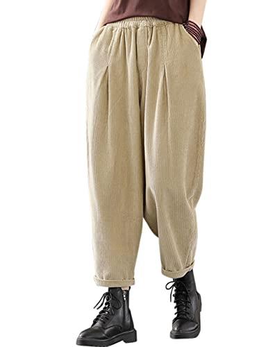 IXIMO Women's Baggy Cropped Corduroy Pants Casual Wide Leg Elastic Waist Pleated Harem Trousers, Khaki, Small