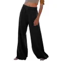 Faleave Women's Casual Palazzo Pants High Waist Flowy Wide Leg Lounge Pants Trousers with Pockets, Black, Large