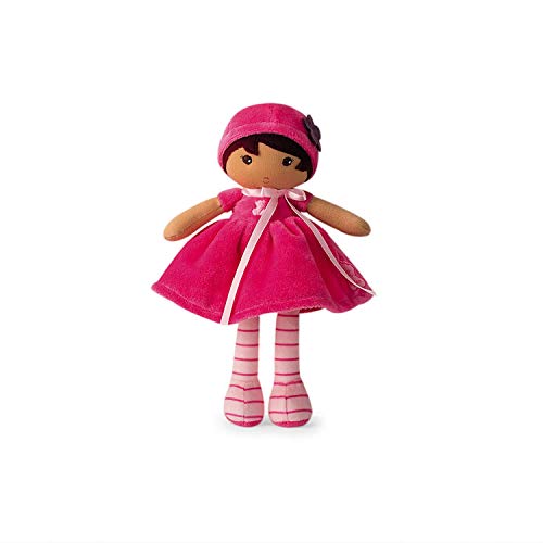 Kaloo Tendresse My First Fabric Doll Emma K 10” Soft Plush Figure in Bright Pink Dress and Pink Striped Tights with Baby Safe Embroidered Face Machine Washable for Ages 0+, one color