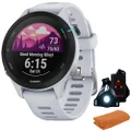 Garmin 010-02641-21 Forerunner 255 Music GPS Smartwatch, Whitestone Bundle with Workout Cooling Sport Towel and Deco Essentials Wearable Commuter Front and Rear Safety Light